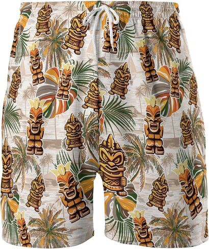 Tropical Tiki Mens Hawaiian Sport Shorts - Tiki Hawaiian Shorts for Men - Casual Drawstring Beachwear Shorts Series 15 in Saudi Arabia