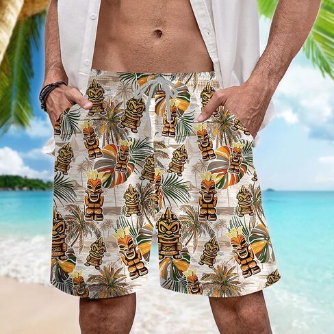 Tropical Tiki Mens Hawaiian Sport Shorts - Tiki Hawaiian Shorts for Men - Casual Drawstring Beachwear Shorts Series 15 in Saudi Arabia