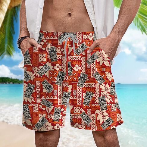 Tropical Tiki Mens Hawaiian Sport Shorts - Tiki Hawaiian Shorts for Men - Casual Drawstring Beachwear Shorts Series 15 in Saudi Arabia