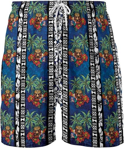 Tropical Tiki Mens Hawaiian Sport Shorts - Tiki Hawaiian Shorts for Men - Casual Drawstring Beachwear Shorts Series 15 in Saudi Arabia