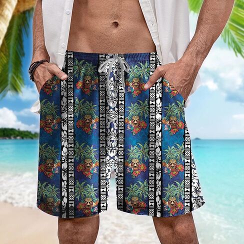 Tropical Tiki Mens Hawaiian Sport Shorts - Tiki Hawaiian Shorts for Men - Casual Drawstring Beachwear Shorts Series 15 in Saudi Arabia