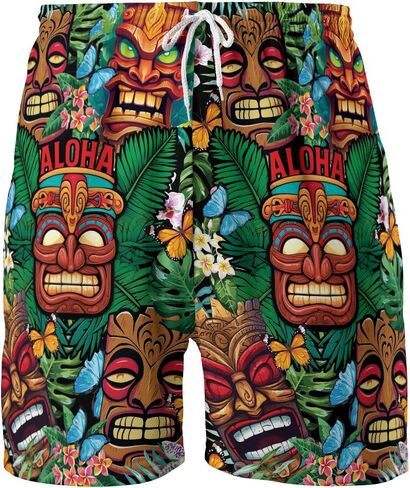 Tropical Tiki Mens Hawaiian Sport Shorts - Tiki Hawaiian Shorts for Men - Casual Drawstring Beachwear Shorts Series 15 in Saudi Arabia
