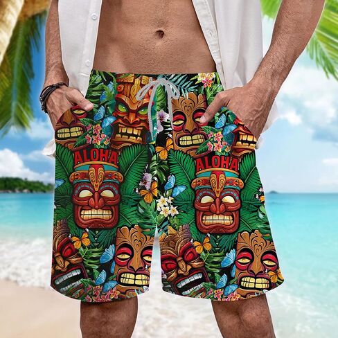 Tropical Tiki Mens Hawaiian Sport Shorts - Tiki Hawaiian Shorts for Men - Casual Drawstring Beachwear Shorts Series 15 in Saudi Arabia