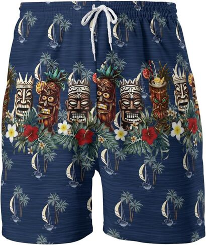 Tropical Tiki Mens Hawaiian Sport Shorts - Tiki Hawaiian Shorts for Men - Casual Drawstring Beachwear Shorts Series 15 in Saudi Arabia