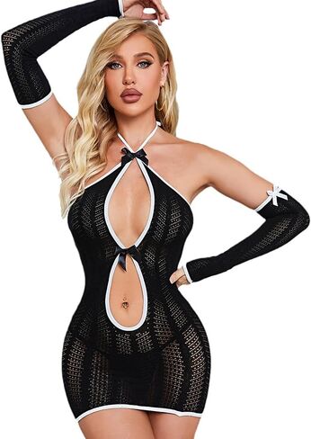 KAYLLE&KT Babydoll Lingerie for Women Fishnet Bodystocking One Piece Mesh Dress One Size in Kuwait