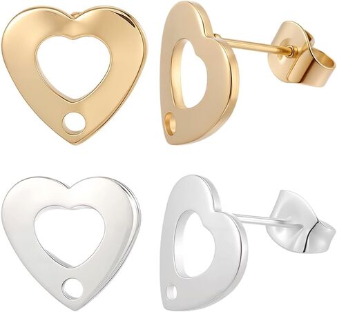 Beebeecraft 40Pcs 2 Colors Heart Stud Earring Findings Stainless Steel Earring Post with Hole and Earring Backs Gold and Silver Color Love Earrings Components for Valentine's Day Erring DIY in Saudi Arabia