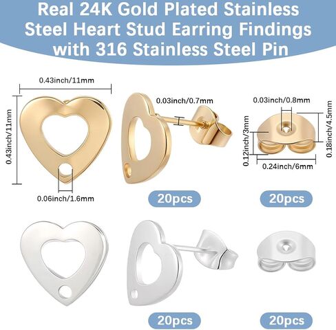 Beebeecraft 40Pcs 2 Colors Heart Stud Earring Findings Stainless Steel Earring Post with Hole and Earring Backs Gold and Silver Color Love Earrings Components for Valentine's Day Erring DIY in Saudi Arabia