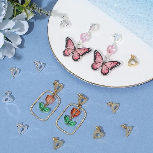Beebeecraft 40Pcs 2 Colors Heart Stud Earring Findings Stainless Steel Earring Post with Hole and Earring Backs Gold and Silver Color Love Earrings Components for Valentine's Day Erring DIY in Saudi Arabia