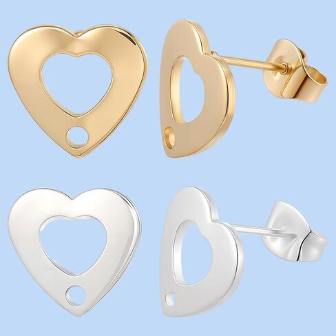 Beebeecraft 40Pcs 2 Colors Heart Stud Earring Findings Stainless Steel Earring Post with Hole and Earring Backs Gold and Silver Color Love Earrings Components for Valentine's Day Erring DIY in Saudi Arabia