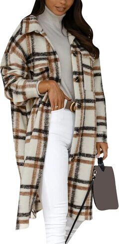 OMZIN Women's Casual Plaid Long Jacket Coat Loose Fit Button Down Lapel Long Trench Shirt Overcoats in Saudi Arabia