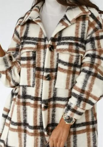 OMZIN Women's Casual Plaid Long Jacket Coat Loose Fit Button Down Lapel Long Trench Shirt Overcoats in Saudi Arabia