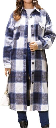 OMZIN Women's Casual Plaid Long Jacket Coat Loose Fit Button Down Lapel Long Trench Shirt Overcoats in Saudi Arabia
