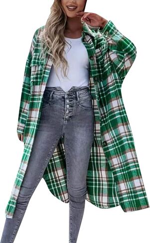 OMZIN Women's Casual Plaid Long Jacket Coat Loose Fit Button Down Lapel Long Trench Shirt Overcoats in Saudi Arabia