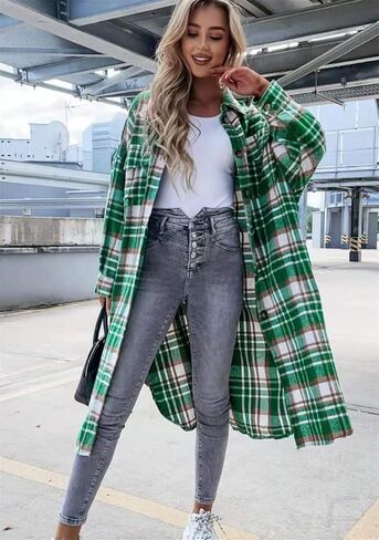 OMZIN Women's Casual Plaid Long Jacket Coat Loose Fit Button Down Lapel Long Trench Shirt Overcoats in Saudi Arabia