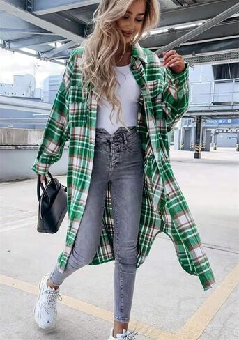 OMZIN Women's Casual Plaid Long Jacket Coat Loose Fit Button Down Lapel Long Trench Shirt Overcoats in Saudi Arabia