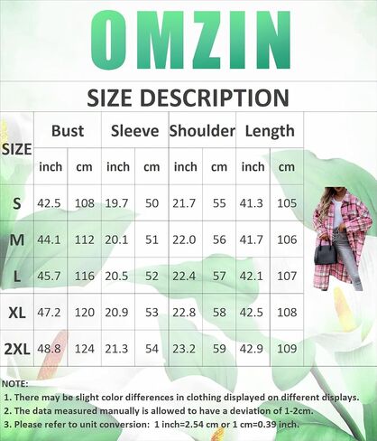 OMZIN Women's Casual Plaid Long Jacket Coat Loose Fit Button Down Lapel Long Trench Shirt Overcoats in Saudi Arabia