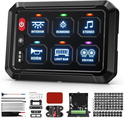 BUMBEE 6 Gang Switch Panel RGB 6-Level Brightness Switches， High Power 3 Silicone Button， Multifunction Toggle Switch Box Circuit Control Relay Momentary Golf Cart Truck SUV RV Offroad Marine in Kuwait
