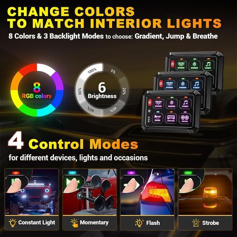 BUMBEE 6 Gang Switch Panel RGB 6-Level Brightness Switches， High Power 3 Silicone Button， Multifunction Toggle Switch Box Circuit Control Relay Momentary Golf Cart Truck SUV RV Offroad Marine in Kuwait