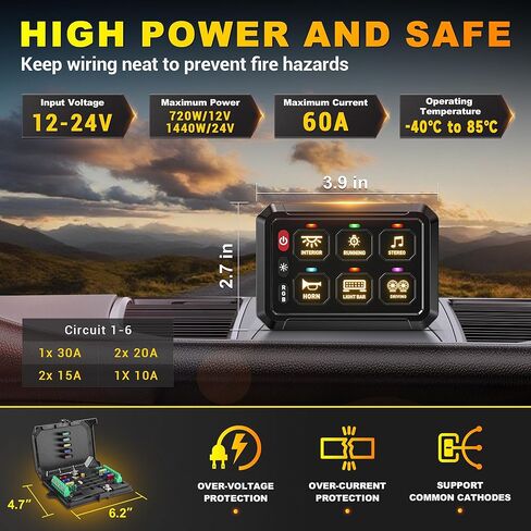 BUMBEE 6 Gang Switch Panel RGB 6-Level Brightness Switches， High Power 3 Silicone Button， Multifunction Toggle Switch Box Circuit Control Relay Momentary Golf Cart Truck SUV RV Offroad Marine in Kuwait