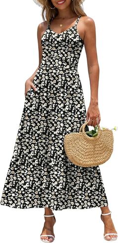 Zattcas Women's 2025 Summer Dismal Natual Floral Maxi Dress مع جيوب معكرونة حزام V الرقبة الإمبراطورية الخصر in Kuwait