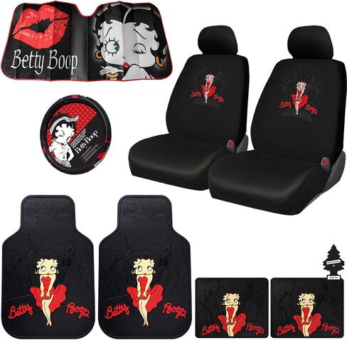 Platicolors Betty Boop Skyline Skyline Accessories حزمة مجموعة أغطية مقعد جديدة ، حصيرة مطاطية أمامية وخلفية ، غطاء عجلة القيادة ، ظلال الهواء العريضة للسيارات سيارات شاحنات وشاحنات in Kuwait