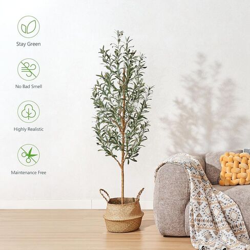 شجرة زيتون فو 6 أقدام - نباتات اصطناعية طويلة داخلية مع سلة حقيقية خشبية و Seagrass سلة وأوراق حريرية نابضة بالحياة - أحواض أشجار مزيفة كبيرة للمنزل وغرفة المعيشة وغرفة النوم وديكور المكتب in Kuwait