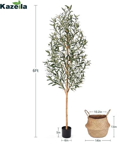 شجرة زيتون فو 6 أقدام - نباتات اصطناعية طويلة داخلية مع سلة حقيقية خشبية و Seagrass سلة وأوراق حريرية نابضة بالحياة - أحواض أشجار مزيفة كبيرة للمنزل وغرفة المعيشة وغرفة النوم وديكور المكتب in Kuwait