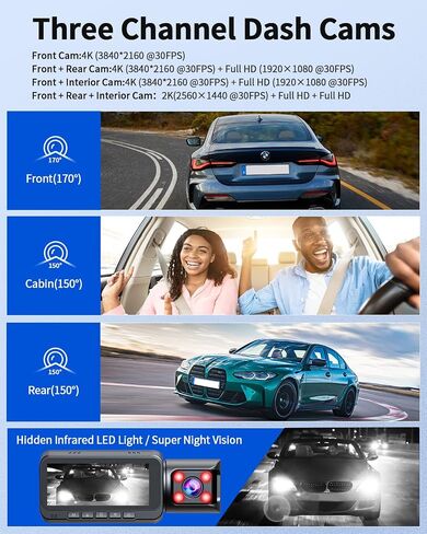 2 Channel Dash Cam 4k with Wi-Fi GPS, 2K+1080P Dual Dashcam Front and Rear Inside, Wireless Dual Dash Camera for Car with WDR IR Night Vision, 170° Wide Angle Record, 24hr Parking Monitor in Saudi Arabia