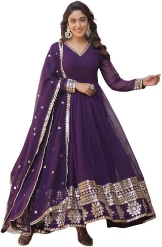 Anarkali Long Gown Dupatta Ready to Wear Georgette Fabric Embroidery Sequins Work One Piece in Saudi Arabia