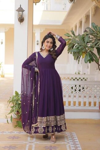 Anarkali Long Gown Dupatta Ready to Wear Georgette Fabric Embroidery Sequins Work One Piece in Saudi Arabia