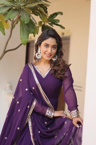 Anarkali Long Gown Dupatta Ready to Wear Georgette Fabric Embroidery Sequins Work One Piece in Saudi Arabia