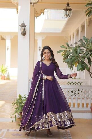 Anarkali Long Gown Dupatta Ready to Wear Georgette Fabric Embroidery Sequins Work One Piece in Saudi Arabia