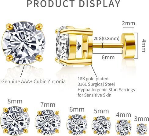 6 Pairs Stud Earrings for Women, Surgical Steel Earrings Set Lightweight and Trendy 316L CZ Cartilage Earlobes Hypoallergenic(Sliver) in Saudi Arabia