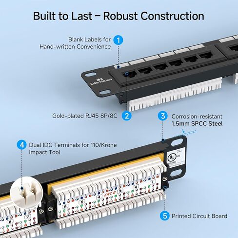 Cable Matters UL Listed Rackmount or Wall Mount 1U 24 Port Network Patch Panel with Support Bar (19-inch Cat6 Patch Panel / RJ45 Patch Panel) for Gigabit Network, 110 or Krone Impact Tools Compatible in Saudi Arabia