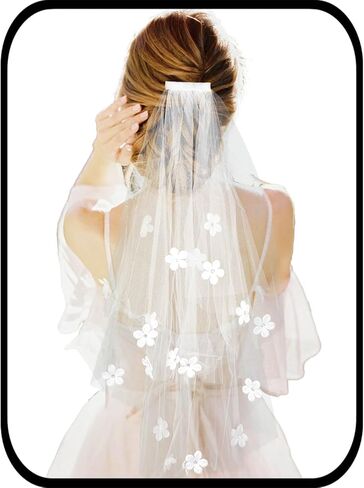 Urieo Floral Bride Veils White Tulle Wedding Veil With Comb Bachelorette Party Short Hair Accessories for Women and Girls in Saudi Arabia