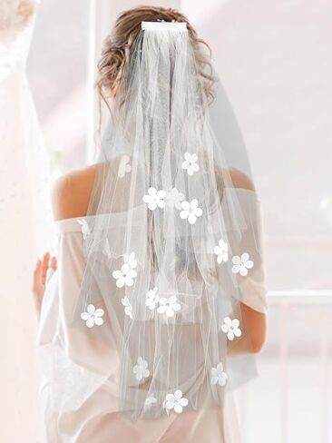 Urieo Floral Bride Veils White Tulle Wedding Veil With Comb Bachelorette Party Short Hair Accessories for Women and Girls in Saudi Arabia