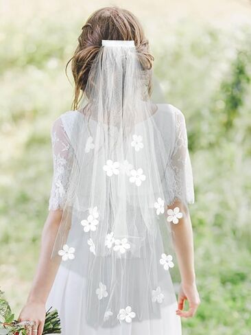 Urieo Floral Bride Veils White Tulle Wedding Veil With Comb Bachelorette Party Short Hair Accessories for Women and Girls in Saudi Arabia