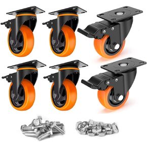5 Inch Caster Wheels with Safety Brake 4000Lbs, Heavy Duty Casters Set of 6, Industrial Swivel Casters with Double Ball Bearings, Polyurethane No Noise Wheels for Cart,Furniture in Kuwait