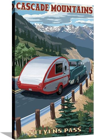 AllPosters Stretched Canvas Print Stevens Pass, Washington - Retro Camper by Lantern Press, 24x36 in Saudi Arabia