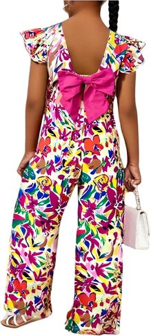 Floerns Girl's Floral Bow Backless Pant Rompers Ruffle Cap Sleeve Wide Leg Jumpsuit in Saudi Arabia