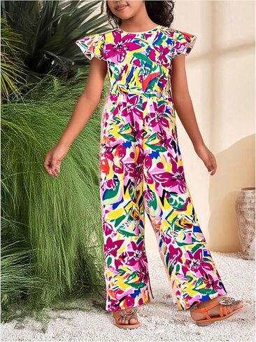 Floerns Girl's Floral Bow Backless Pant Rompers Ruffle Cap Sleeve Wide Leg Jumpsuit in Saudi Arabia