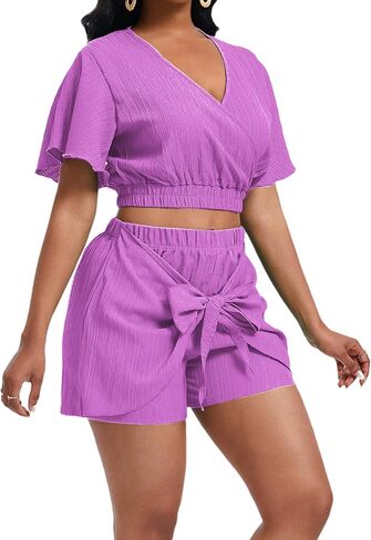Women 2 Piece Summer Casual Outfit Short Sleeve Deep Wrap V Neck Crop Top and Tie Front Elastic Waist Short Sets in Saudi Arabia