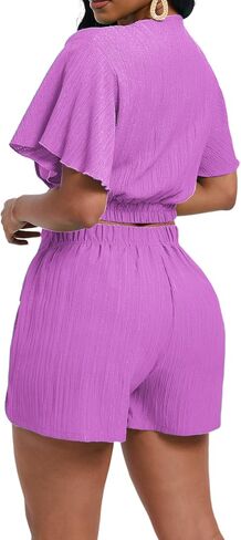 Women 2 Piece Summer Casual Outfit Short Sleeve Deep Wrap V Neck Crop Top and Tie Front Elastic Waist Short Sets in Saudi Arabia
