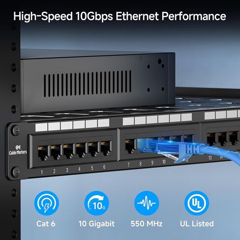 لوحة تصحيح الشبكة ذات 24 منفذًا مدرجة في قائمة UL من Cable Matters (لوحة تصحيح Cat6 مقاس 19 بوصة / لوحة تصحيح RJ45)، لمحول شبكة Gigabit، متوافقة مع أدوات تأثير 110 أو Krone in Saudi Arabia