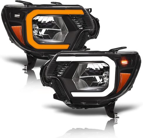 Alpha Owls 8712191 Crystal Headlights With White LED Light Bar - Black Amber Fits 2012-2015 Toyota Tacoma in Kuwait