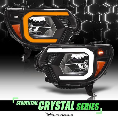 Alpha Owls 8712191 Crystal Headlights With White LED Light Bar - Black Amber Fits 2012-2015 Toyota Tacoma in Kuwait
