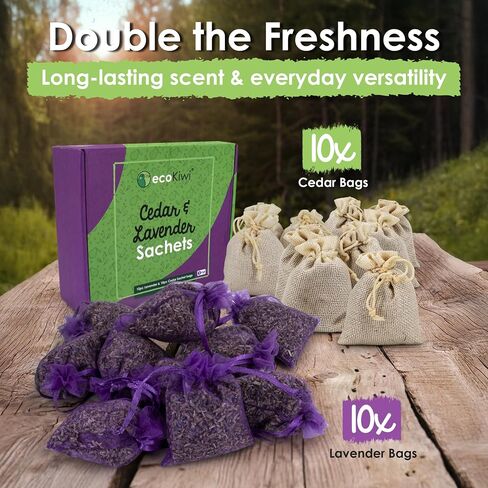 Ecokiwi Cedar & Lavender Sachets-20 كيسًا للعطر المنزلي والروائح الطازجة ، وأيديار آند لافندر للأدراج وأقرب ، وأقرب ، وأغراض ثنائية الأغراض لوقف أضرار الملابس وأقرب نضارة in Saudi Arabia