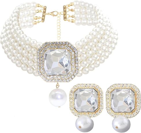 Pearl Choker Necklace for Women Gold Crystal Rhinestone Pearl Collar Statement Necklaces Earrings Bridal Pearls Diamond jewelry Set for Wedding in Saudi Arabia