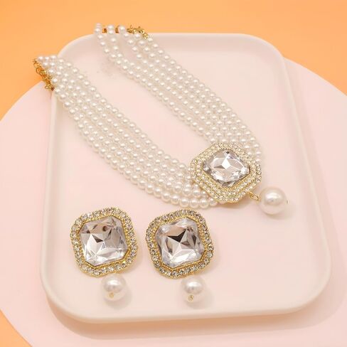Pearl Choker Necklace for Women Gold Crystal Rhinestone Pearl Collar Statement Necklaces Earrings Bridal Pearls Diamond jewelry Set for Wedding in Saudi Arabia
