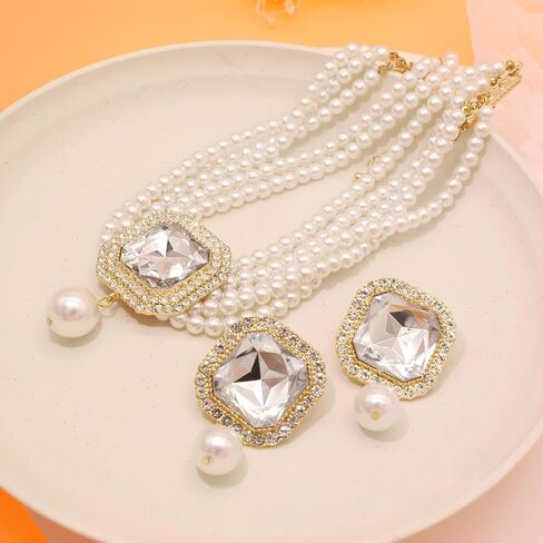 Pearl Choker Necklace for Women Gold Crystal Rhinestone Pearl Collar Statement Necklaces Earrings Bridal Pearls Diamond jewelry Set for Wedding in Saudi Arabia
